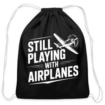 Still Playing With Airplanes - Cotton Drawstring Bag - black - Front