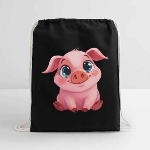 Adorable Cartoon Baby Pig Sitting with Big Eyes - Cotton Drawstring Bag