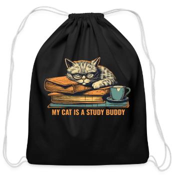 Studying Cat, Cat illustration art - Cotton Drawstring Bag - black - Front