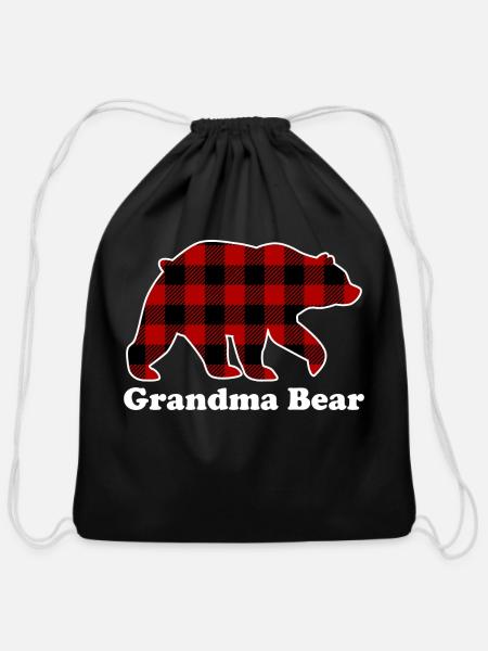 Grandma Bear Red Plaid Christmas Pajama Family - Cotton Drawstring Bag - black