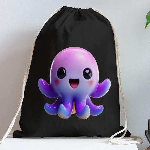 Joyful Cartoon Purple Baby Octopus with Big Smile - Cotton Drawstring Bag