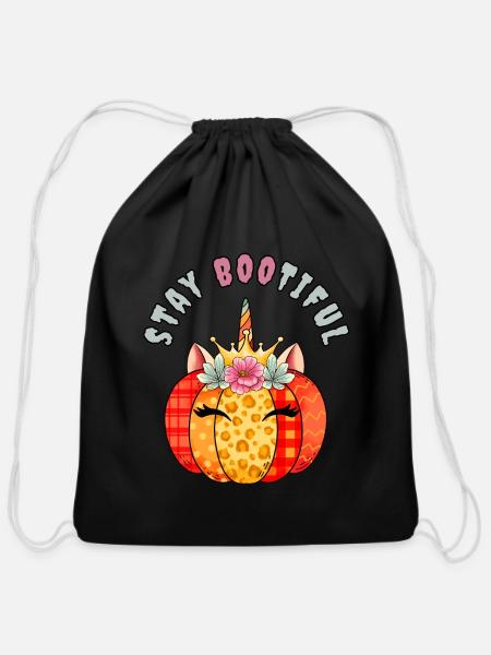 Unicorn Pumpkin Halloween Thanksgiving - Cotton Drawstring Bag - black