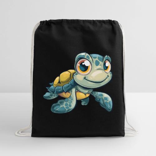 Playful Cartoon Baby Sea Turtle with a Smile - Cotton Drawstring Bag