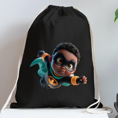 Brave Cartoon Superhero Boy in Green Cape - Cotton Drawstring Bag