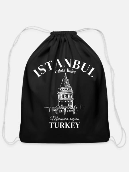 Istanbul Galata Kules Turkey Turkish - Cotton Drawstring Bag - black