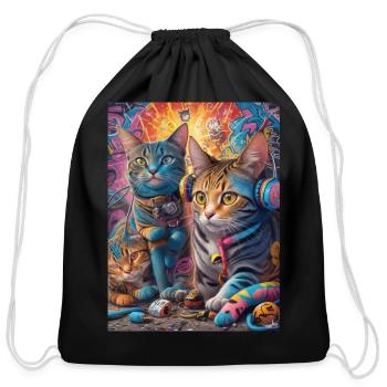 Funny Cats Headphone - Cotton Drawstring Bag - black - Front