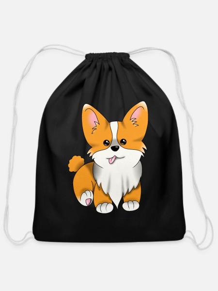 Corgi Cutie Cartoon Pup - Cotton Drawstring Bag - black