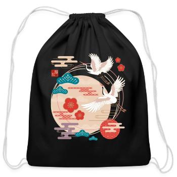 Japanese Cranes and Pine Trees - Cotton Drawstring Bag - black - Front