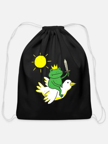 Crowned Frog Knight on Dove Flight - Cotton Drawstring Bag - black