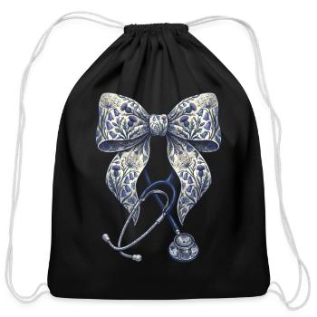 Floral Bow Stethoscope - Cotton Drawstring Bag - black - Front