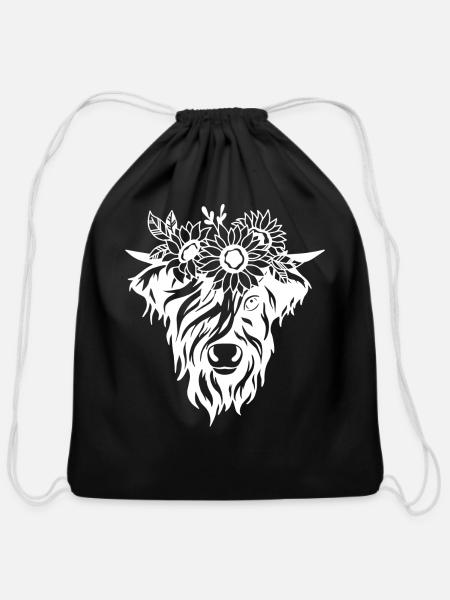 Highland Cow Floral - Cotton Drawstring Bag - black