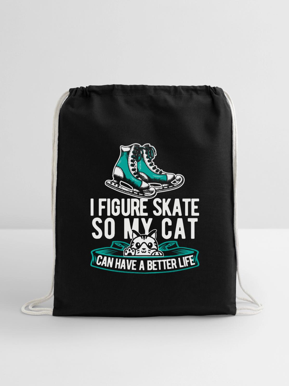 Figure Skating Cat - Cotton Drawstring Bag - black - Front