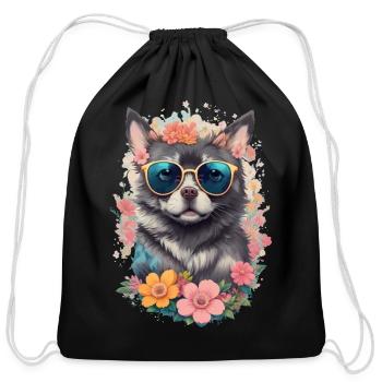 Dog wearing glasses and flowers - Cotton Drawstring Bag - black - Front