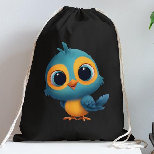 Joyful Cartoon Bird Standing in Yellow and Blue - Cotton Drawstring Bag