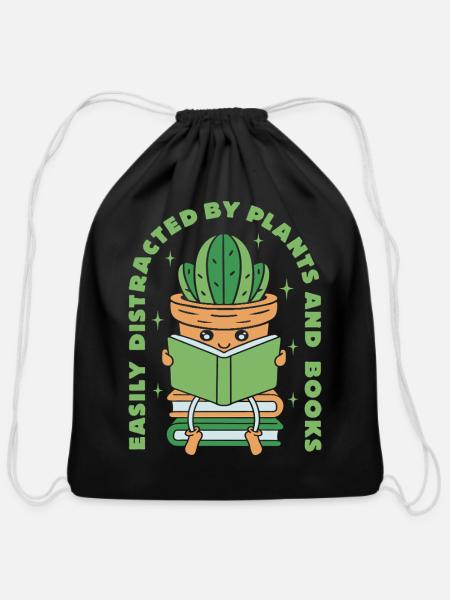 Easily Distracted by Plants and Books - Cotton Drawstring Bag - black