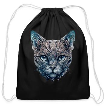 Ornamental cat face - Cotton Drawstring Bag - black - Front