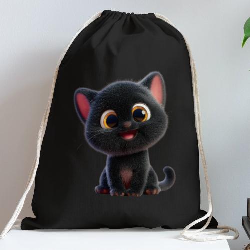Adorable 3D Black Kitten with Big Eyes - Cotton Drawstring Bag