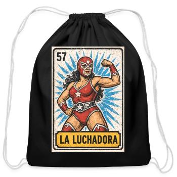 Vintage La Luchadora Mexican Lotería Art - Cotton Drawstring Bag - black - Front