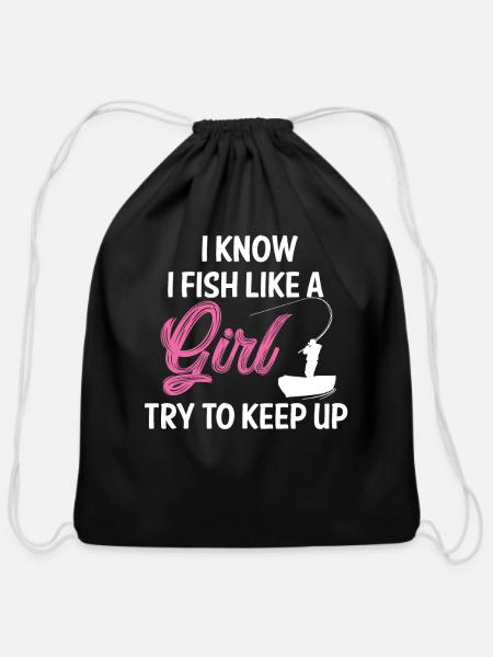 Fishing Fish Girl - Cotton Drawstring Bag - black