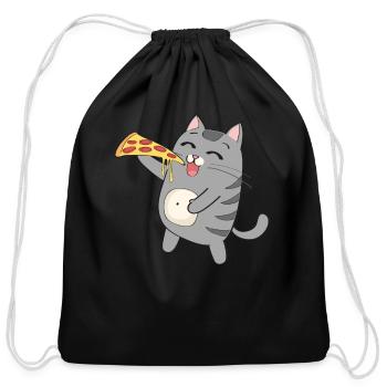 Cat Eating Pizza Funny Cat Pizza Gift - Cotton Drawstring Bag - black - Front
