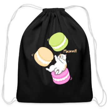 Cat and Macaron - Cotton Drawstring Bag - black - Front