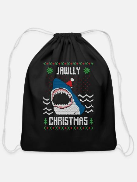 Shark christmas ugly sweater - Cotton Drawstring Bag - black