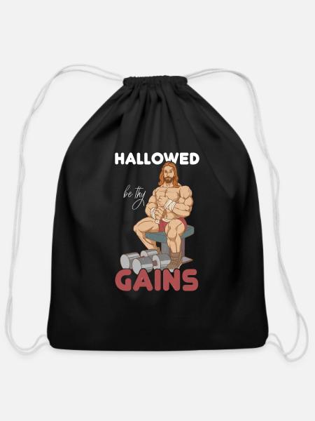 Funny Gym Hallowed Be Thy Gains Fitness Workout - Cotton Drawstring Bag - black