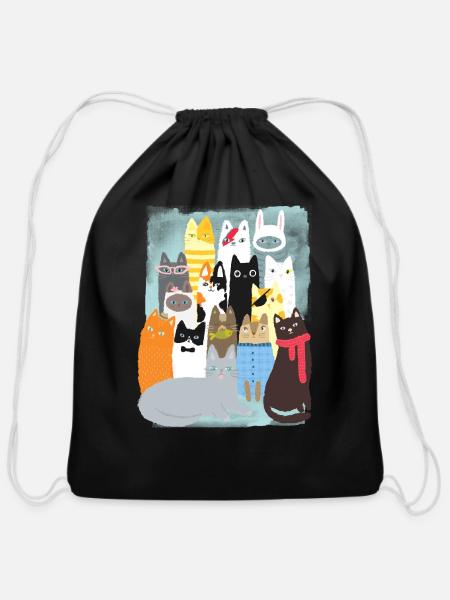 Cat Portrait - Cotton Drawstring Bag - black