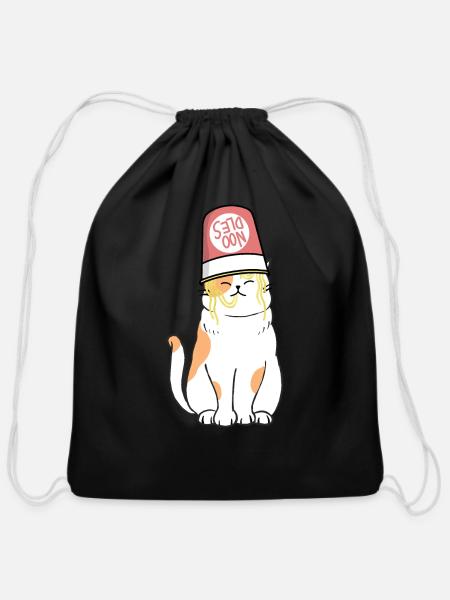 Cat and Noodles - Cotton Drawstring Bag - black