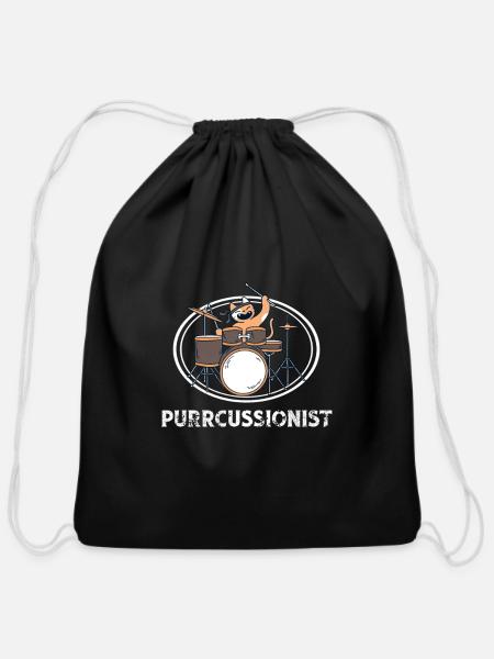 Cat Drummer - Cotton Drawstring Bag - black