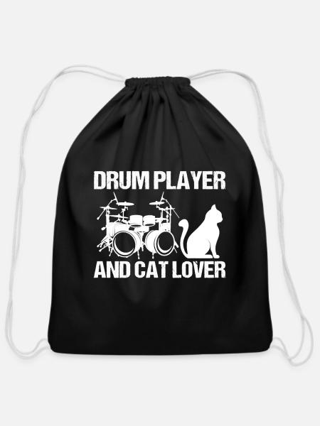 Drum Player And Cat Lover Drumming Musician Drums - Cotton Drawstring Bag - black