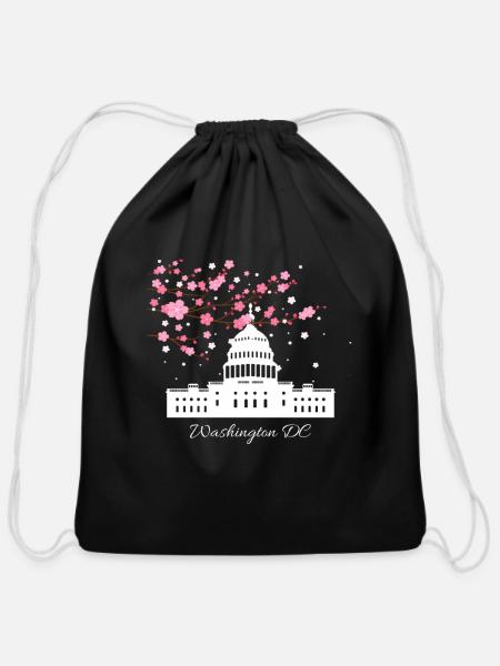 Washington Dc Capitol Building Cherry Blossoms - Cotton Drawstring Bag - black