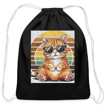 Cool Orange Tabby Cat Sunglasses and Retro Sunset - Cotton Drawstring Bag - black - Front
