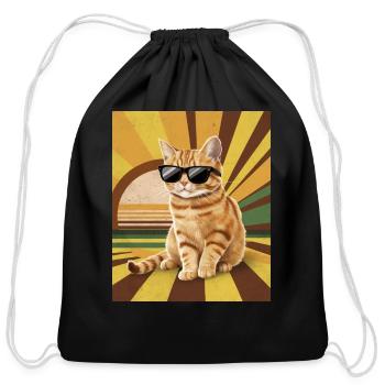 Cool Orange Tabby Cat Sunglasses and Retro Sunset - Cotton Drawstring Bag - black - Front