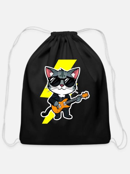 Cat With Electric Guitar Shredding Like A Legend - Cotton Drawstring Bag - black