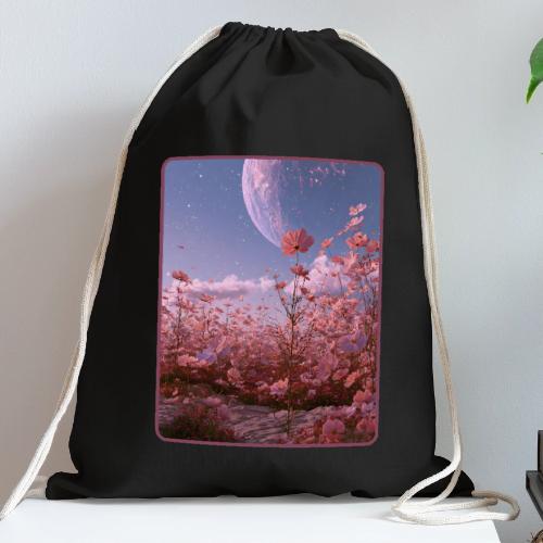Cosmic Moon & Cosmos Flowers Art - Cotton Drawstring Bag