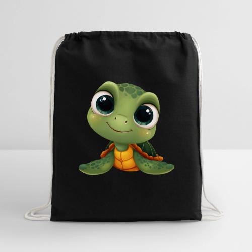 Cheerful Green Cartoon Sea Turtle with Big Eyes - Cotton Drawstring Bag