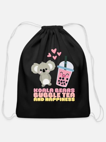 Koala Bears Bubble Tea And Happiness Cute Kawaii - Cotton Drawstring Bag - black