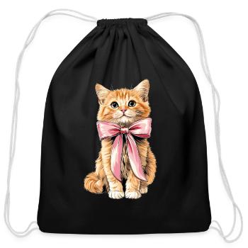 Coquette Bow Orange Cat Tabby Cat Cute Pink Ribbon - Cotton Drawstring Bag - black - Front
