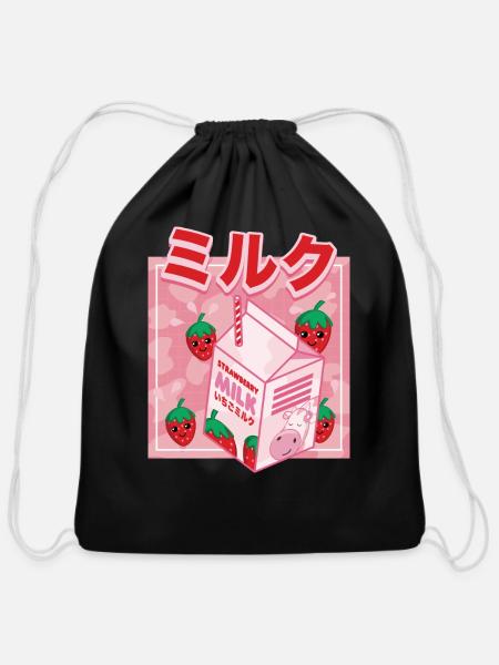 Japanese Kawaii Strawberry Milk Shake - Cotton Drawstring Bag - black