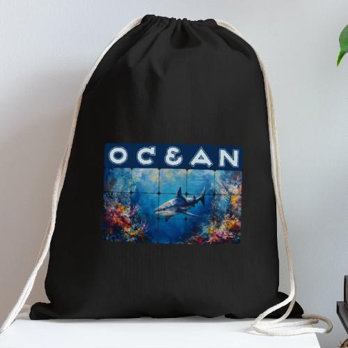 Ocean: Synthwave Shark - Cotton Drawstring Bag