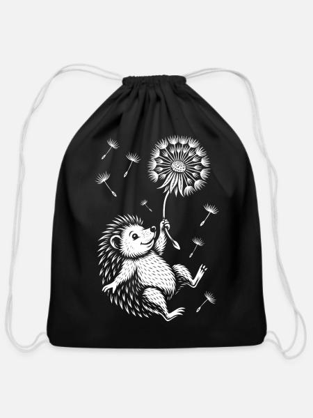 Dandelion Hedgehog Flight - Cotton Drawstring Bag - black