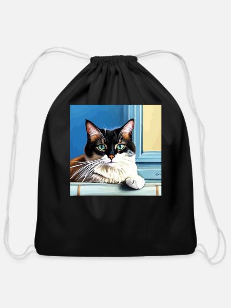hold on i see a cat - Cotton Drawstring Bag - black