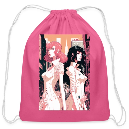 Pink and Black - Cyberpunk Illustrated Portrait - Cotton Drawstring Bag