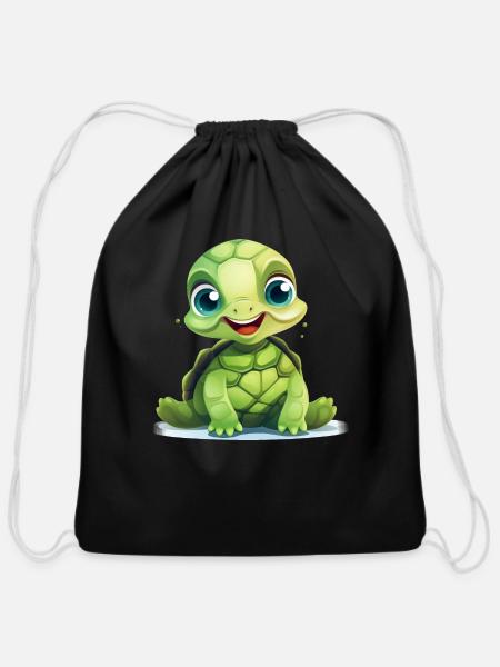 Cute Baby Turtle - Cotton Drawstring Bag - black