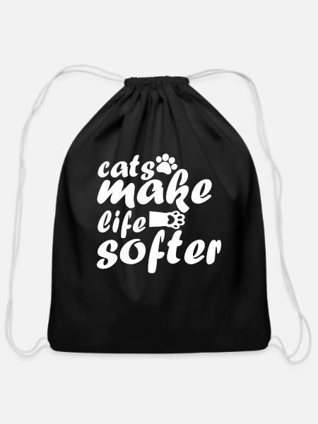 cats make life softer white - Cotton Drawstring Bag - black