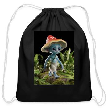 blue cat mushroom hat tiny bag magical forest leaf - Cotton Drawstring Bag - black - Front