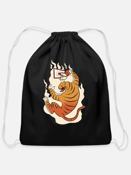 Tiger Animal Playing Basketball - Cotton Drawstring Bag - black