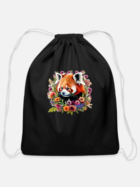 Red panda - Cotton Drawstring Bag - black
