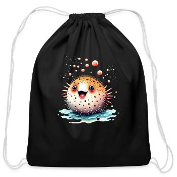 Happy Pufferfish With Bubbles Design - Cotton Drawstring Bag - black - Front